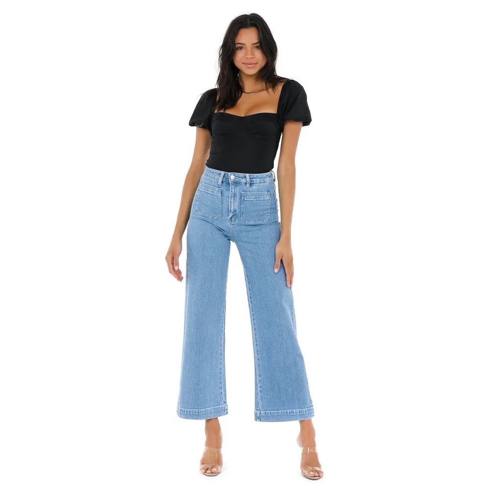 Rollas Sailor Lilah Blue Organic Denim High Rise Wide Leg Jeans.